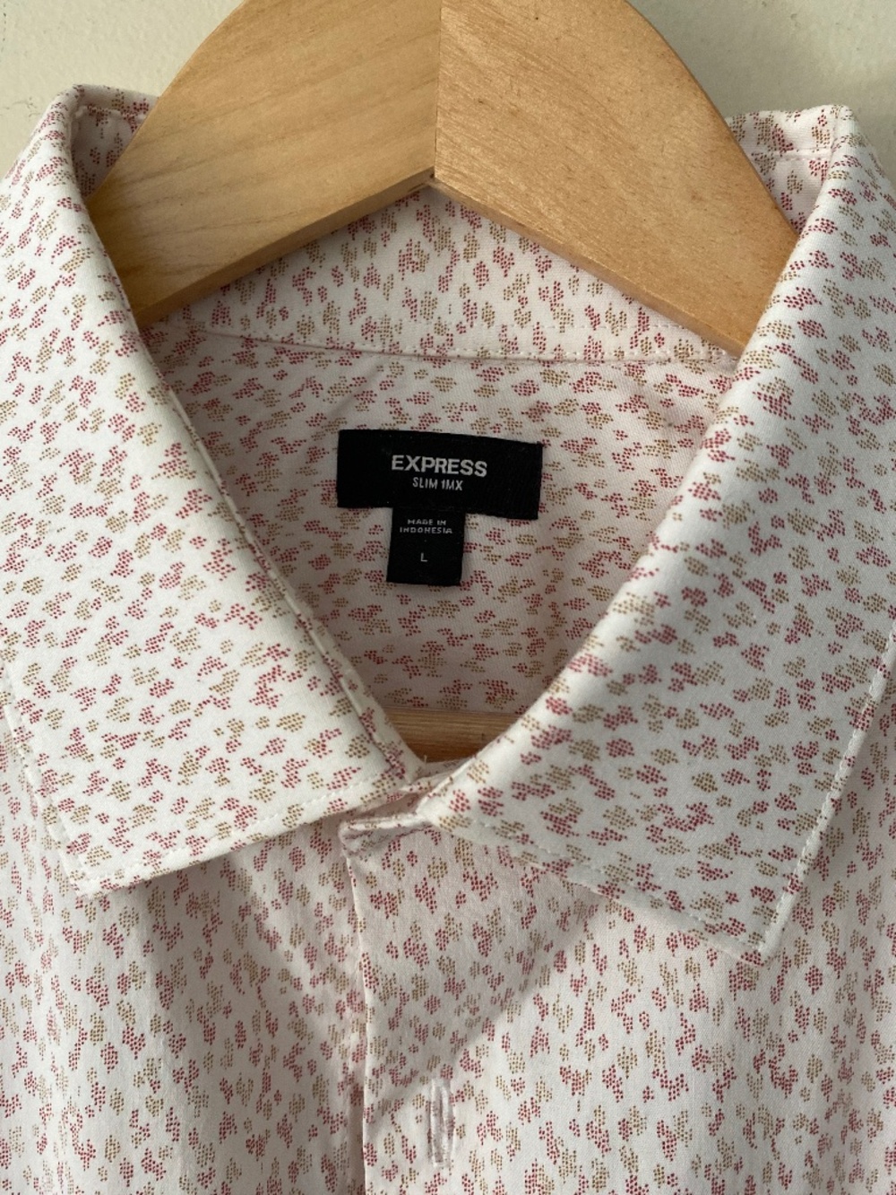 Express 1MX Slim Fit Stretch Dress Shirt Mens Large White Pink Floral Print